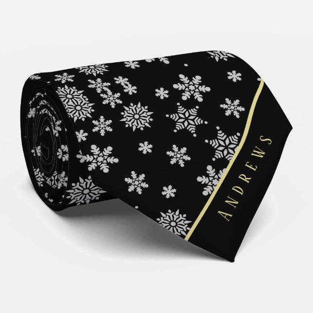Elegant Personalized Black & Green White Snowflake Neck Tie (Rolled)