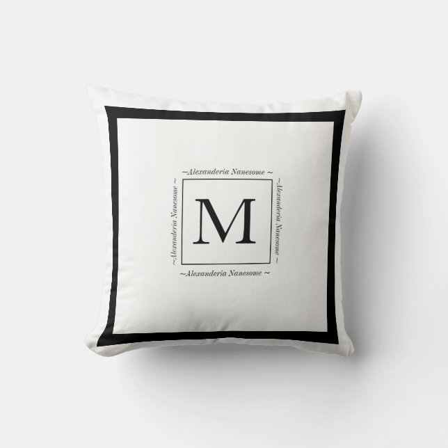 Elegant Personalized Black Monogram Solid White Throw Pillow (Front)