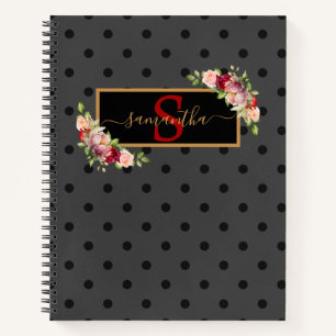 Elegant Personalized Black Polka Dot and Roses Notebook