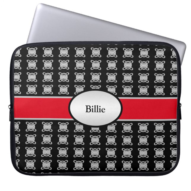 Elegant Personalized Black Red & Silver Laptop Sleeve (Front)