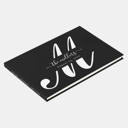 Elegant Personalized Black Script Monogram Wedding Guest Book