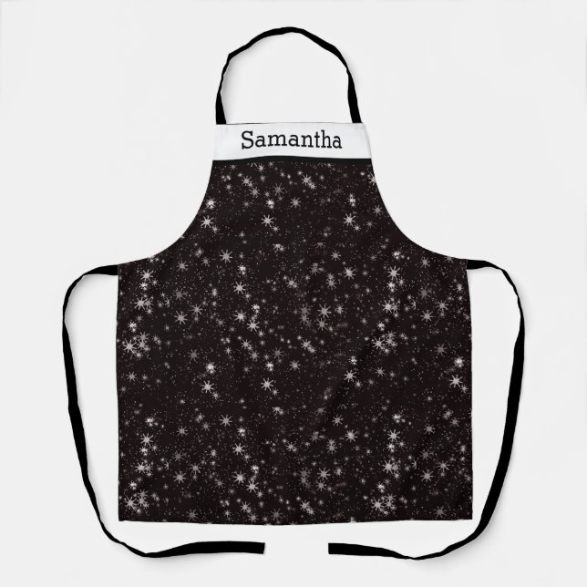 Elegant Personalized Black Snowflakes Stars Apron (Front)
