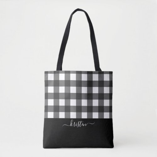 Elegant Personalized Black White Buffalo Plaid Tote Bag