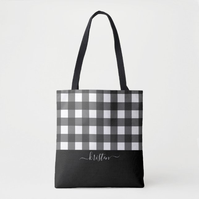 Elegant Personalized Black White Buffalo Plaid Tote Bag (Front)