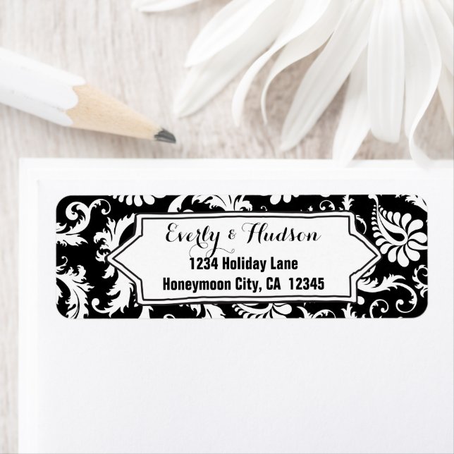 Elegant Personalized Black & White Floral Damask Label (Insitu)