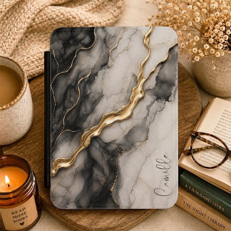 Elegant Personalized Black & White Gold Marble Kindle Cover