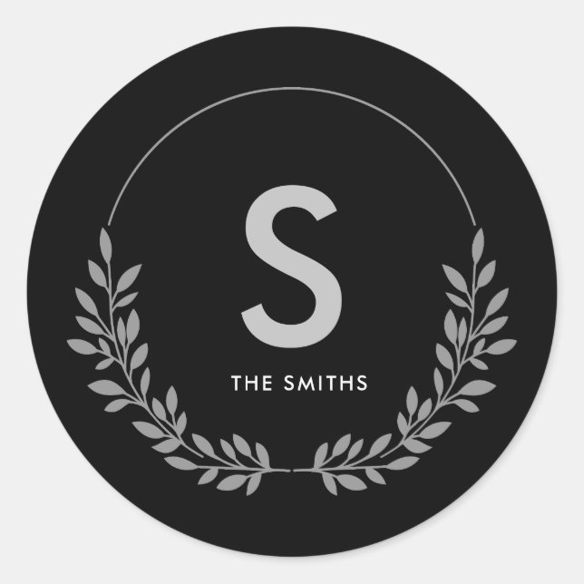 Elegant Personalized Black & White Monogram  Classic Round Sticker (Front)