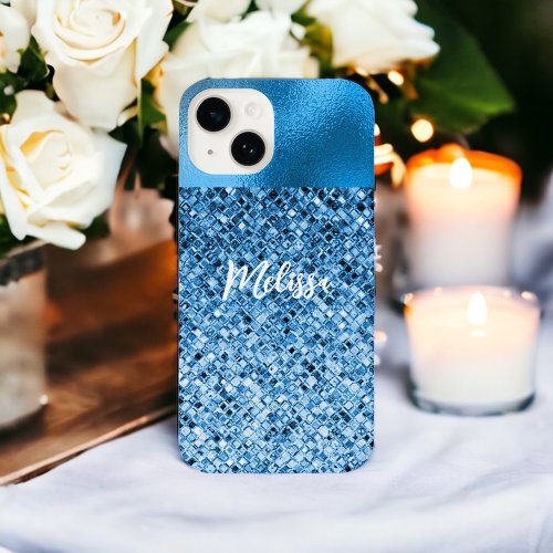 Elegant Personalized Blue Glitter Look Luxury iPhone 14 Case