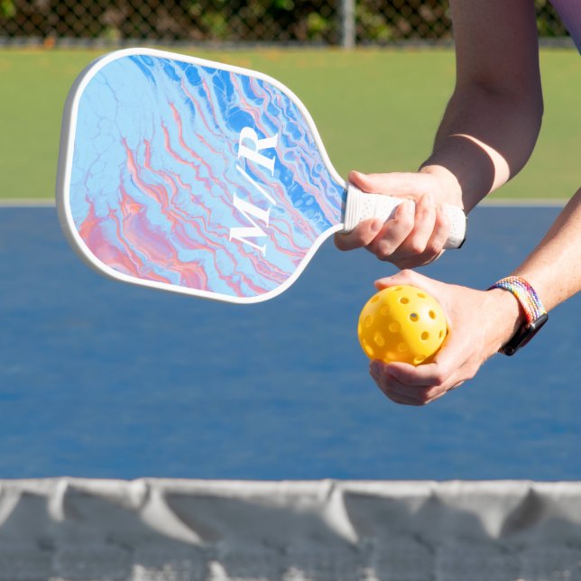 Elegant Personalized Blue & Pink Marble Pickleball Paddle (Insitu)