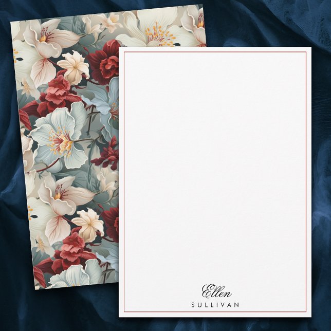 Elegant Personalized Blue/Ruby Red Floral Note Card (Creator Uploaded)