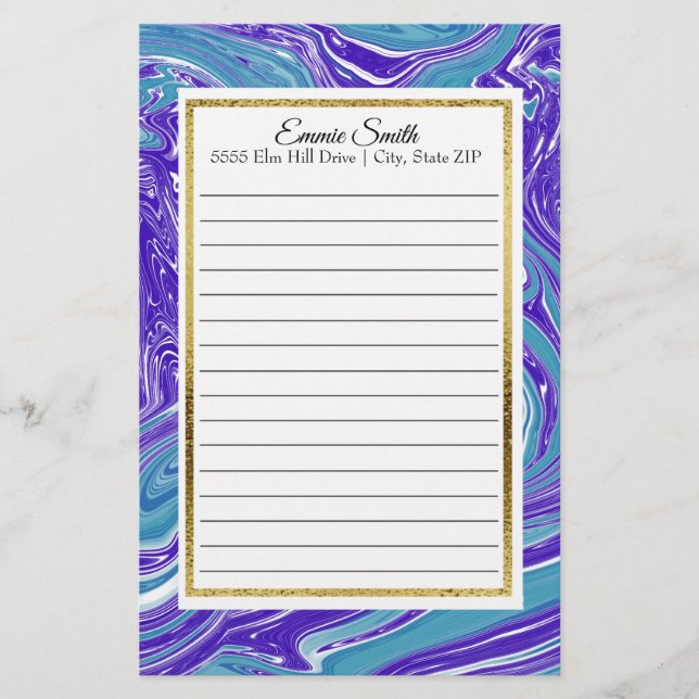 Elegant Personalized Blue Teal and Gold Stationery (Front)