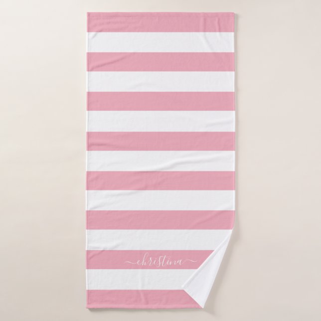 Elegant Personalized Blush Pink White Stripes Bath Towel (Bath Towel)