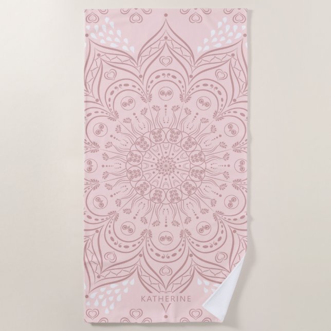 Elegant Personalized Boho Blush Pink Mandala Beach Towel (Front)