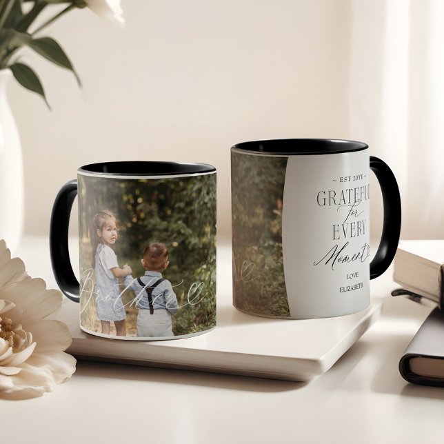 Elegant Personalized Brother Photo BFF Keepsake Mug (Brother Script Heart Grateful Every Moment Photo Mug)