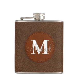 elegant personalized brown leather groomsman flask