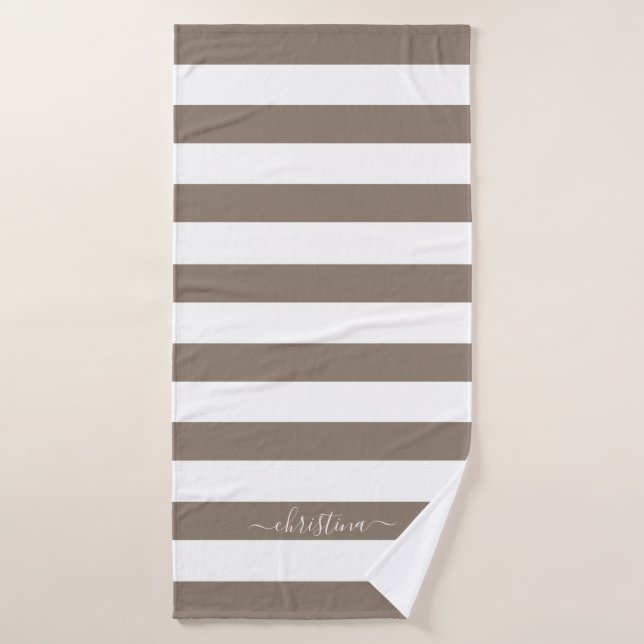 Elegant Personalized Brown Taupe White Stripes Bath Towel (Bath Towel)