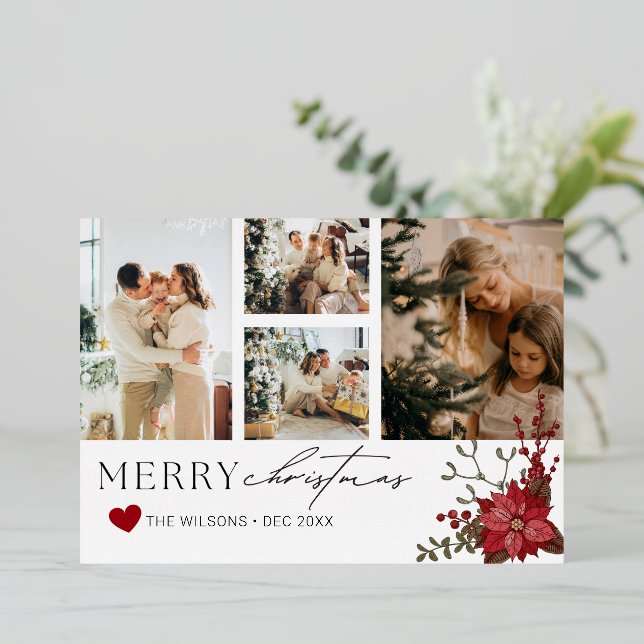 Elegant Personalized Christmas Card with Poinsetti (Standing Front)