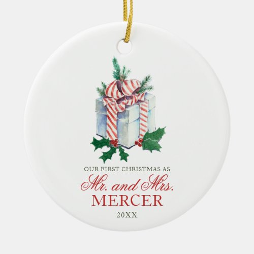 Elegant Personalized Christmas Newly Married  Ceramic Ornament