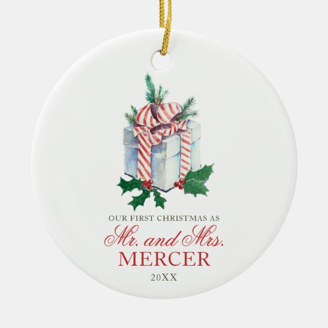 Elegant Personalized Christmas Newly Married  Ceramic Ornament (Front)