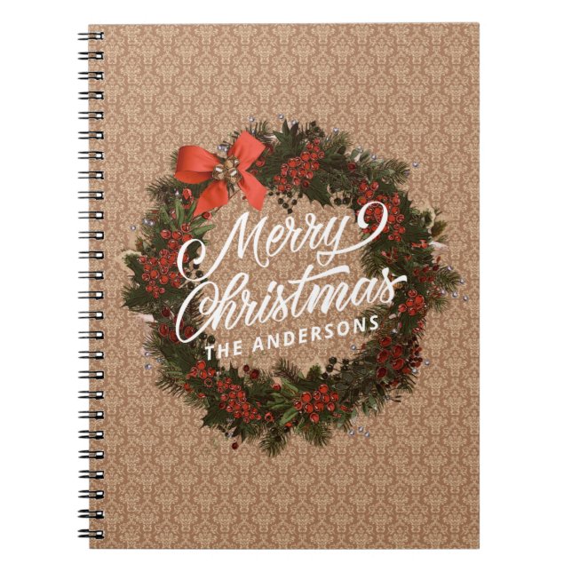 Elegant Personalized Christmas Wreath | Notebook (Front)