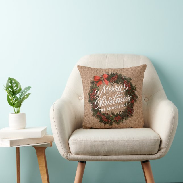 Elegant Personalized Christmas Wreath Throw Pillow (Chair)
