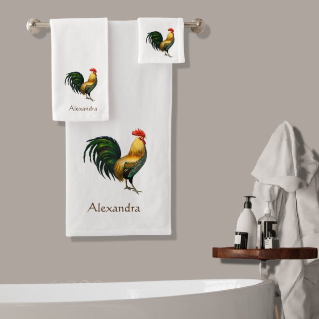 Elegant Personalized Colorful Rooster chicken Bath Towel Set (Creator Uploaded)