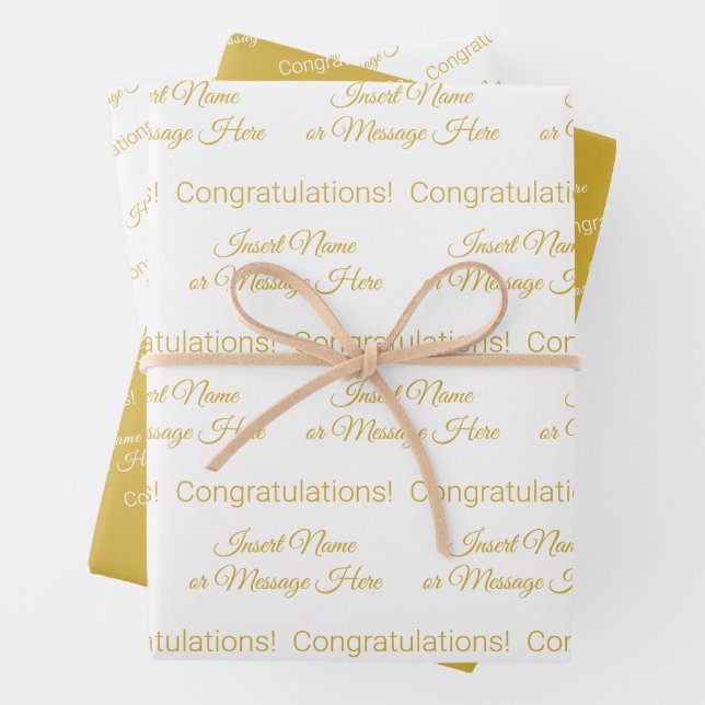 Elegant Personalized Congrats White and Metal Gold Wrapping Paper Sheets (In situ)