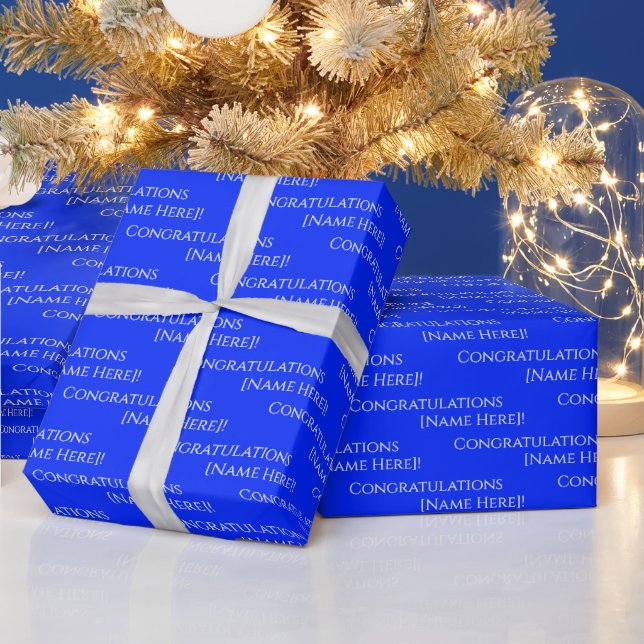 Elegant Personalized Congratulations White on Blue Wrapping Paper (Holidays)