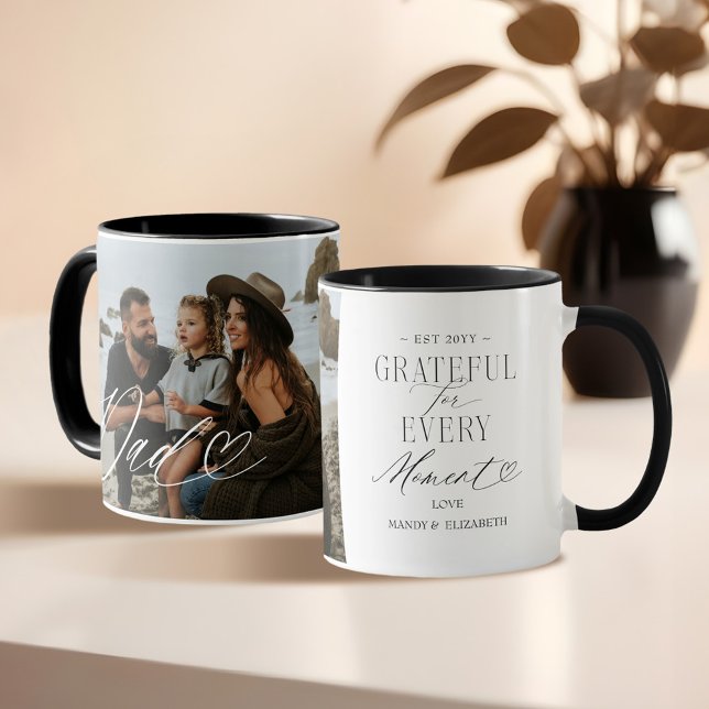 Elegant Personalized Dad Photo Father’s Day Gift Mug (Dad Script Heart Grateful for Every Moment Photo Mug)
