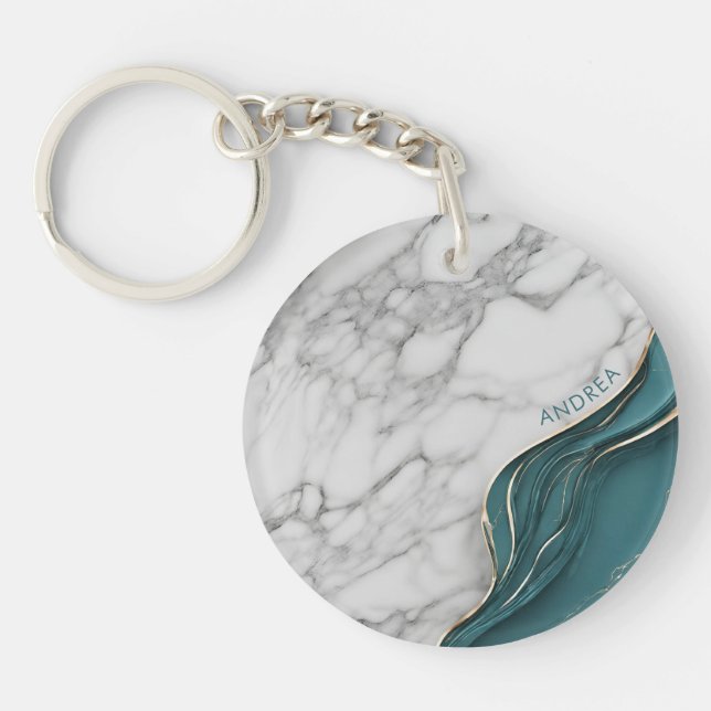 Elegant Personalized Dark Teal Gold Marble Keychain (Front)