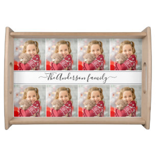 Elegant Personalized Family Name Photo Collage Ser Serving Tray