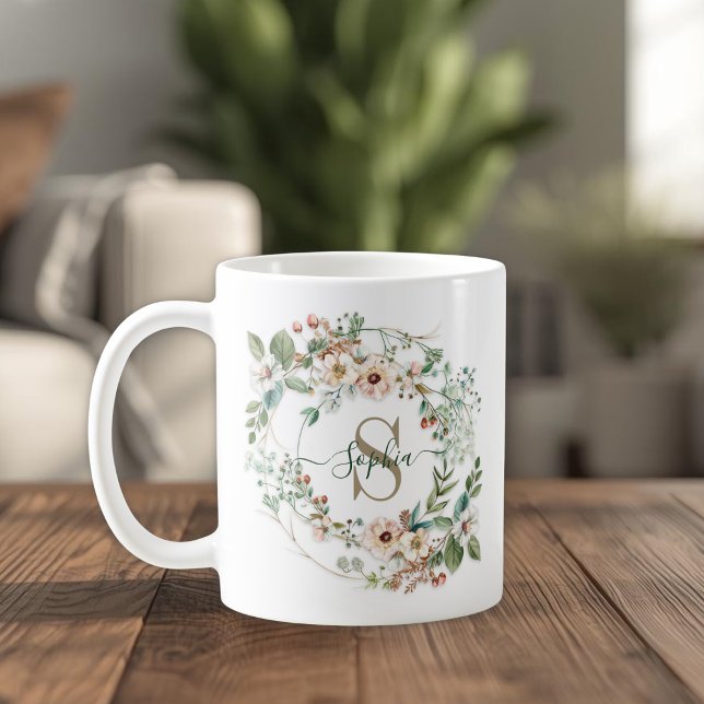 Elegant Personalized Floral Monogram Name Gift Coffee Mug (Creator Uploaded)