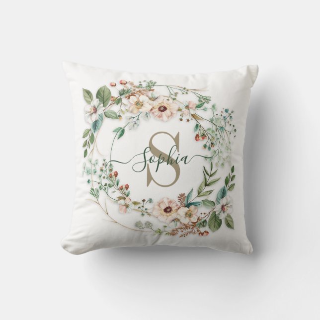 Elegant Personalized Floral Monogram Name Throw Pillow (Front)