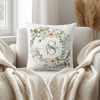 Elegant Personalized Floral Monogram Name Throw Pillow