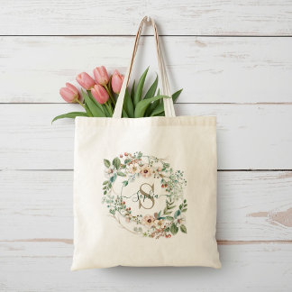 Elegant Personalized Floral Monogram Name Tote Bag