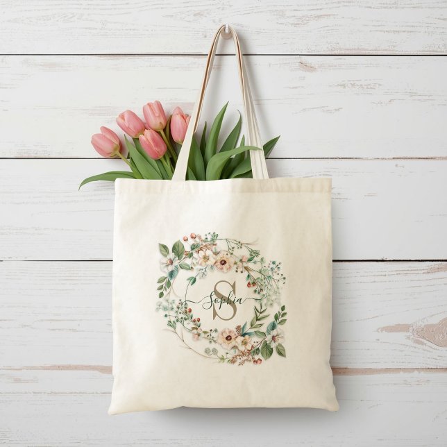 Elegant Personalized Floral Monogram Name Tote Bag (Creator Uploaded)