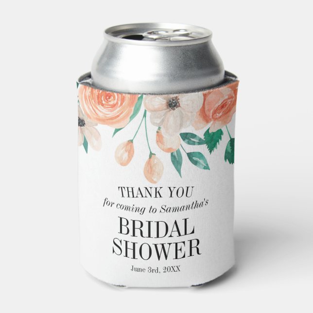 Elegant Personalized Floral Peach Bridal Shower Can Cooler (Can Front)