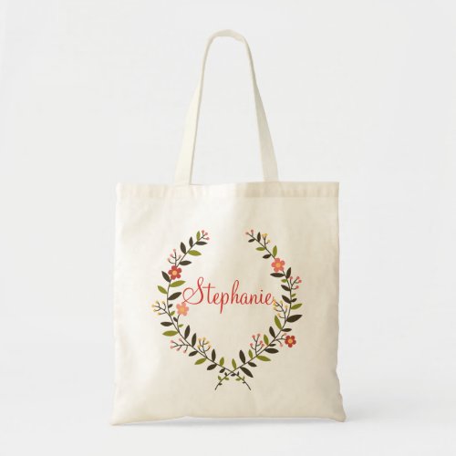 Elegant Personalized Floral Wreath Tote Bag - Elegant personalized floral wreath with name. The eco-friendly tote bags make an ideal gift for your bridal attendants. Fill with her favorite things and then your recipient can use her personalized bag for shopping, for books or for the gym.