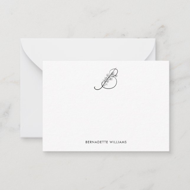 Elegant Personalized Flowered Script Monogram Note Card (Front)