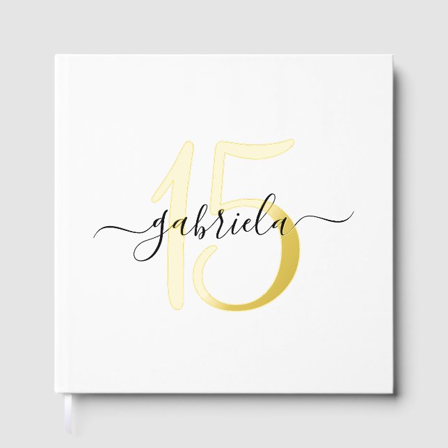 Elegant Personalized Gold 15th Birthday Foil Guest Book (Front)