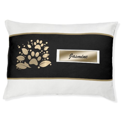 Elegant Personalized Gold Black Paw Print Dog Bed