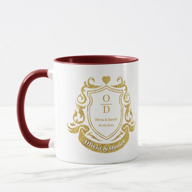 Elegant Personalized Gold Crest Wedding Mug (Left)