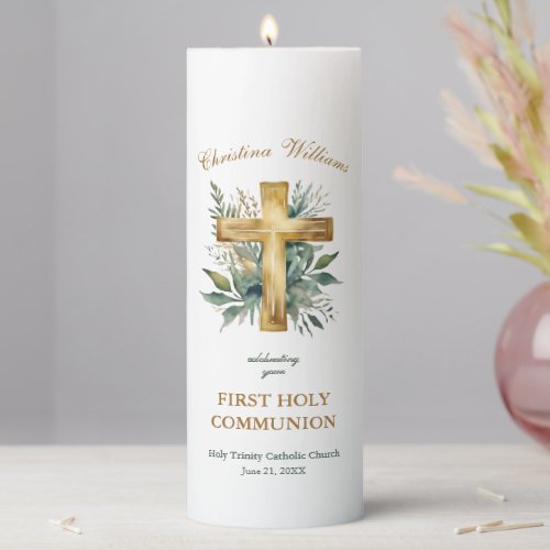 Elegant Personalized Gold Cross Floral Communion Pillar Candle