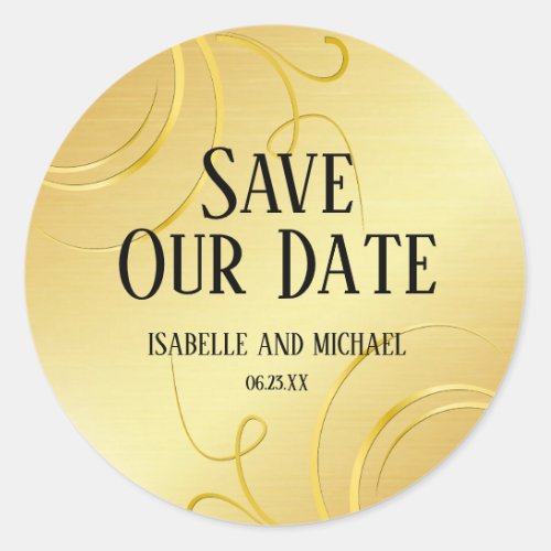 Elegant Personalized Gold Flourish Save the Date Classic Round Sticker