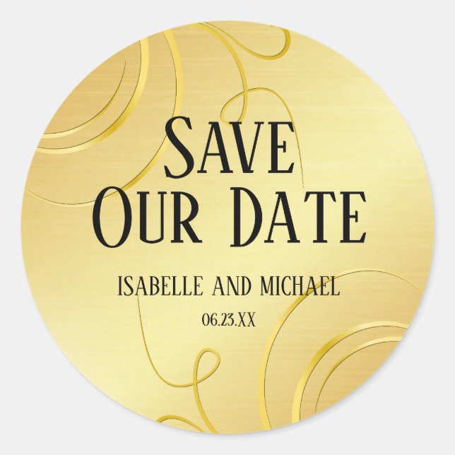 Elegant Personalized Gold Flourish Save the Date Classic Round Sticker (Front)