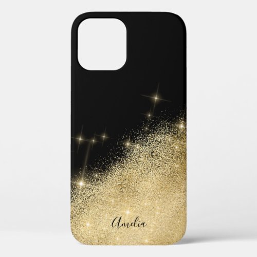 Elegant personalized gold glitter black iPhone 12 case