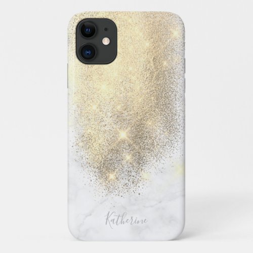 Elegant personalized gold glitter white marble iPhone 11 case