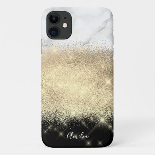 Elegant personalized gold glitter white marble iPhone 11 case