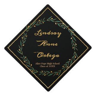 Elegant Personalized Gold Green Laurel Wreath  Graduation Cap Topper