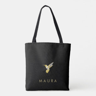 Elegant Personalized Gold Hummingbird on Black Tote Bag